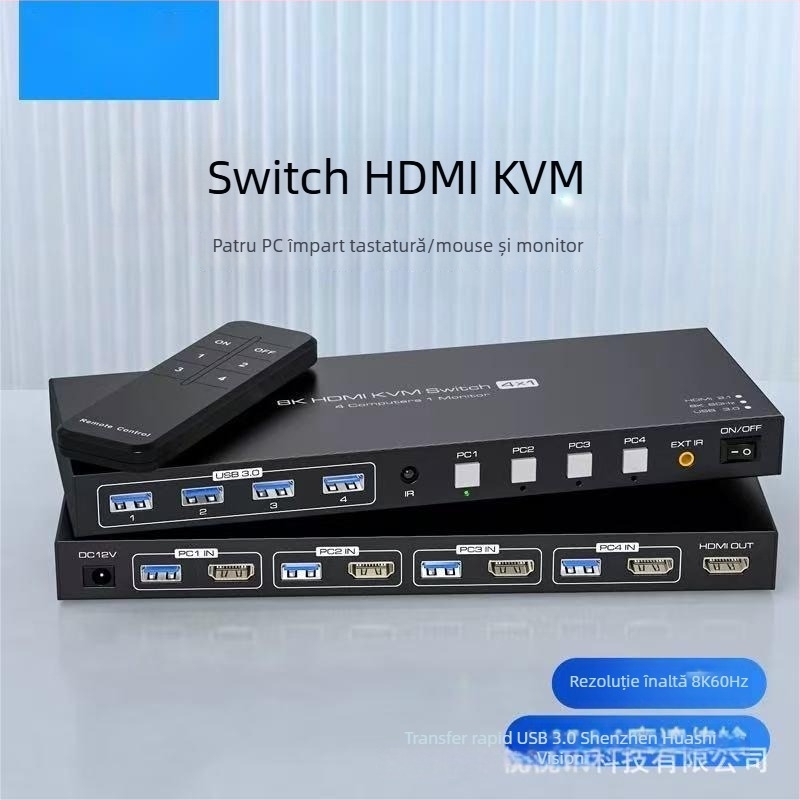 Comutator KVM pentru patru PC-uri cu HDMI și DP, 8K@60Hz, cabluri de 5 m, trezire la distanță