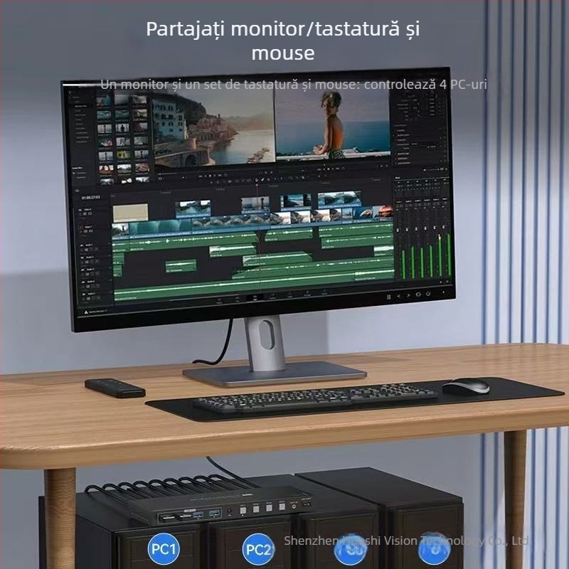 Comutator KVM pentru patru PC-uri cu HDMI și DP, 8K@60Hz, cabluri de 5 m, trezire la distanță