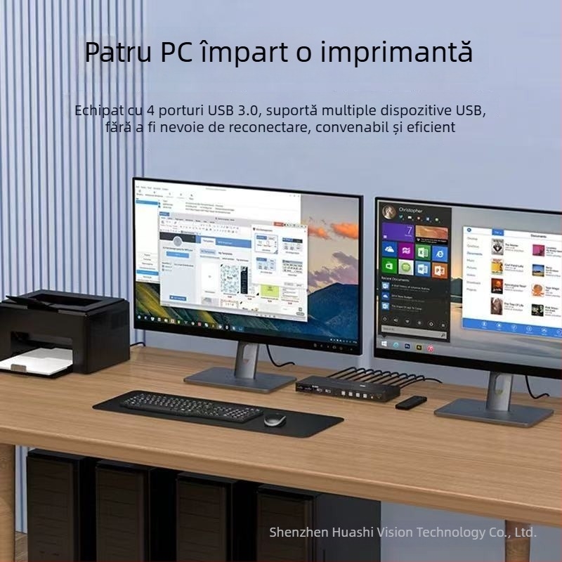 Comutator KVM pentru patru PC-uri cu HDMI și DP, 8K@60Hz, cabluri de 5 m, trezire la distanță