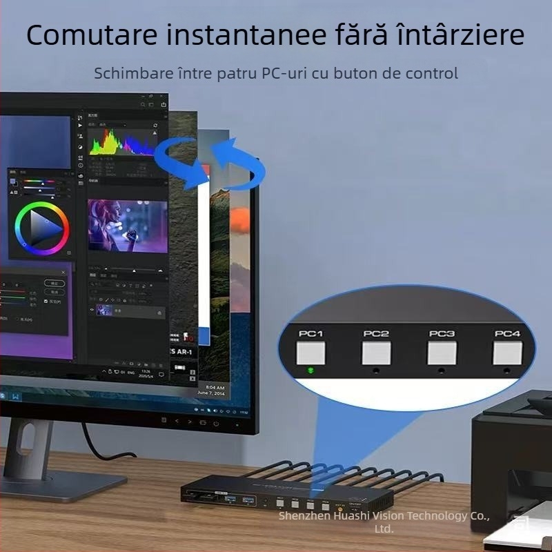 Comutator KVM pentru patru PC-uri cu HDMI și DP, 8K@60Hz, cabluri de 5 m, trezire la distanță