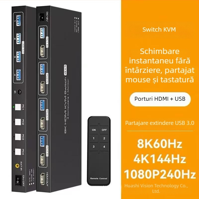 Comutator KVM pentru patru PC-uri cu HDMI și DP, 8K@60Hz, cabluri de 5 m, trezire la distanță