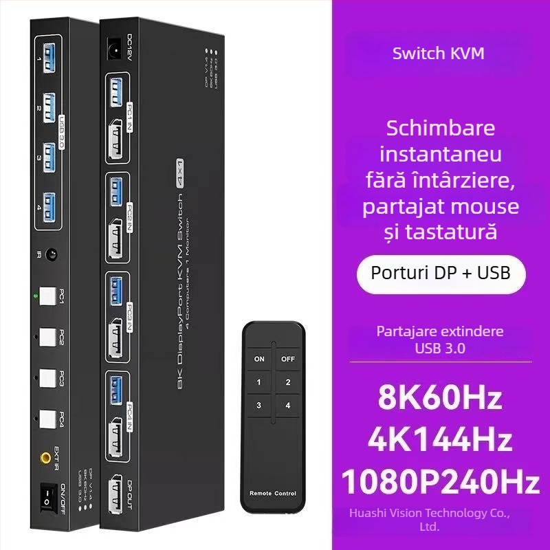 Comutator KVM pentru patru PC-uri cu HDMI și DP, 8K@60Hz, cabluri de 5 m, trezire la distanță
