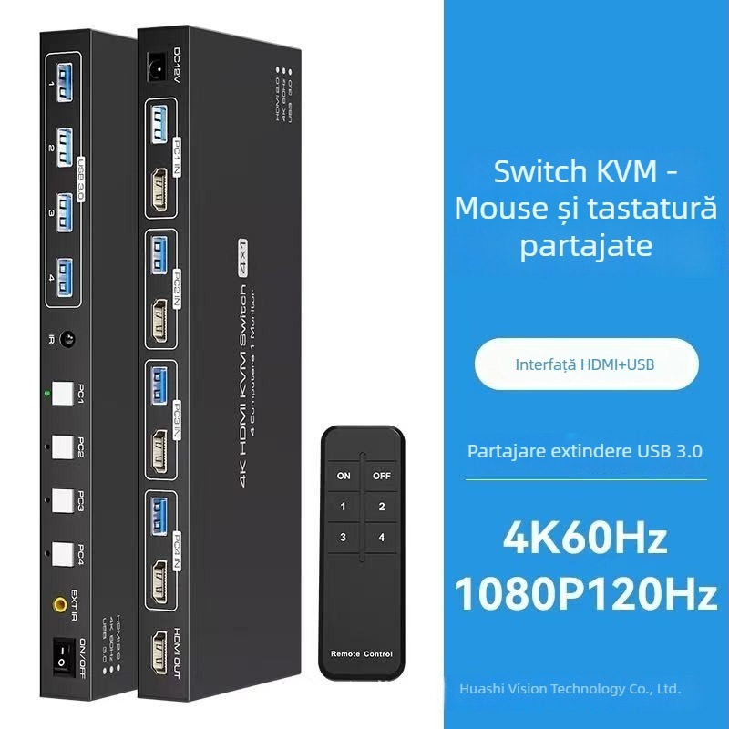 Comutator KVM pentru patru PC-uri cu HDMI și DP, 8K@60Hz, cabluri de 5 m, trezire la distanță