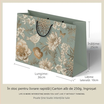 Geantă cadou vintage cu motiv flori și păsări aurii – carton alb de înaltă calitate, imprimare, personalizabil, stil clasic, specificație 1