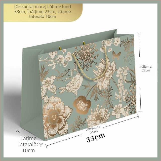 Geantă cadou vintage cu motiv flori și păsări aurii – carton alb de înaltă calitate, imprimare, personalizabil, stil clasic, specificație 1