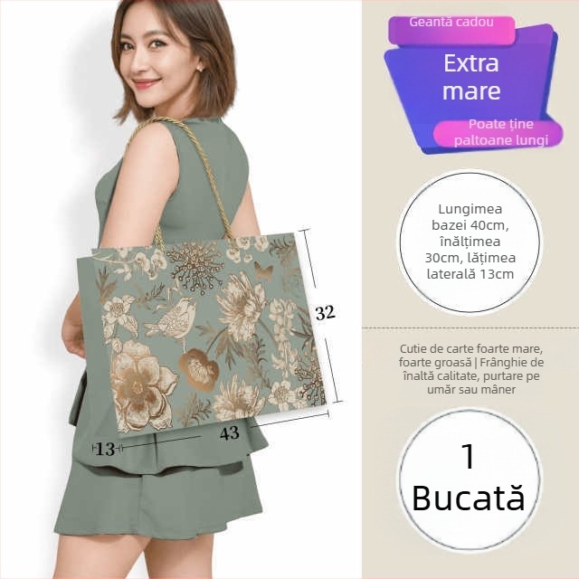 Geantă cadou vintage cu motiv flori și păsări aurii – carton alb de înaltă calitate, imprimare, personalizabil, stil clasic, specificație 1