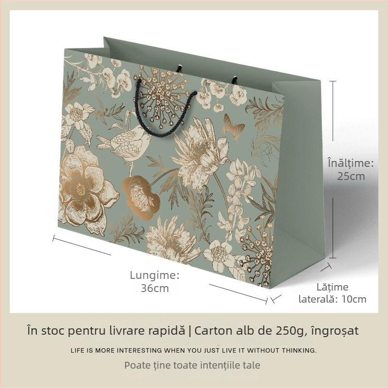 Geantă cadou vintage cu motiv flori și păsări aurii – carton alb de înaltă calitate, imprimare, personalizabil, stil clasic, specificație 1
