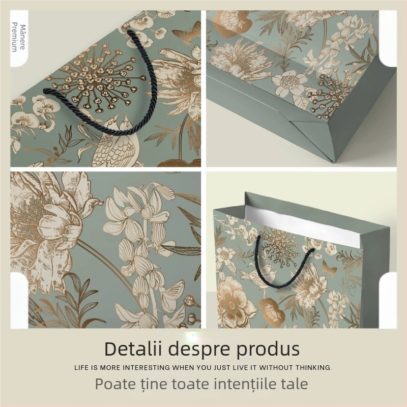 Geantă cadou vintage cu motiv flori și păsări aurii – carton alb de înaltă calitate, imprimare, personalizabil, stil clasic, specificație 1