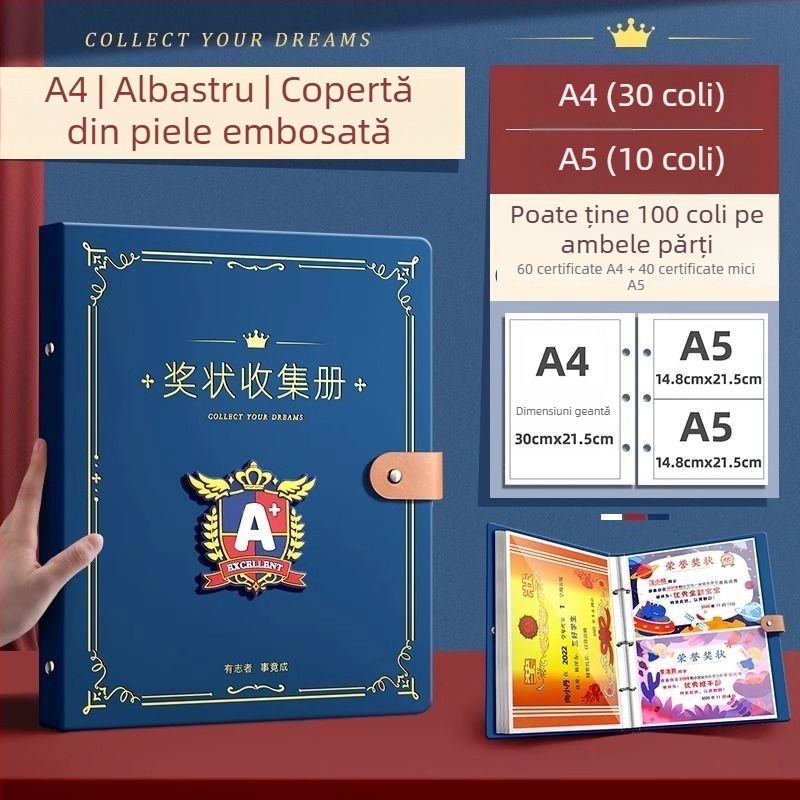 Carte de colecție pentru certificate – suprafață din piele, 40 de pagini, fără siglă, cadou pentru copii și colegi