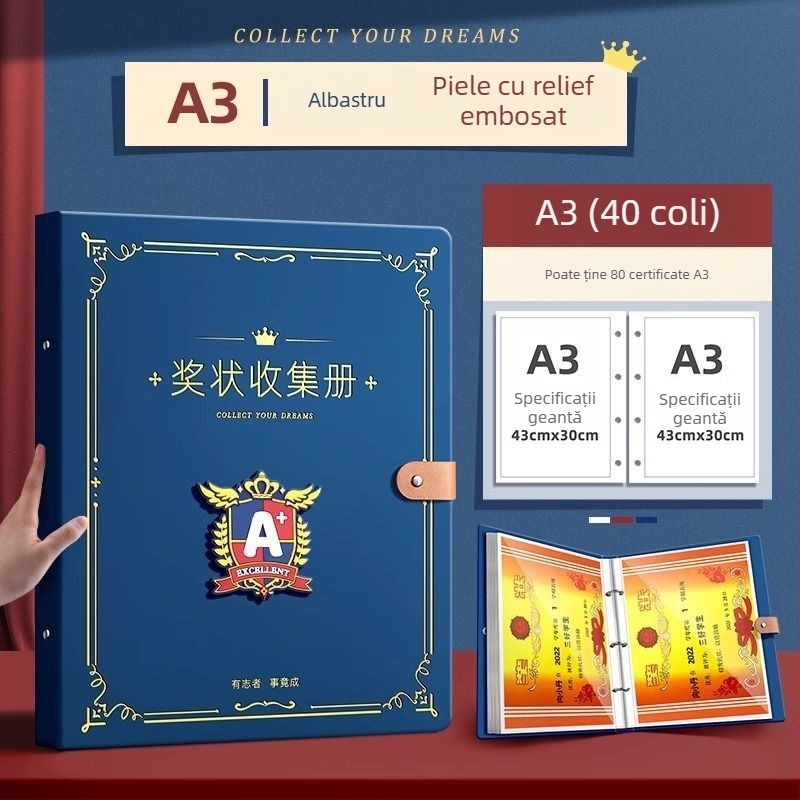 Carte de colecție pentru certificate – suprafață din piele, 40 de pagini, fără siglă, cadou pentru copii și colegi