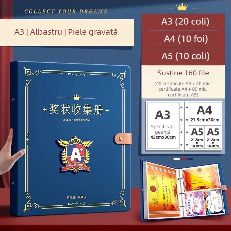 Carte de colecție pentru certificate – suprafață din piele, 40 de pagini, fără siglă, cadou pentru copii și colegi