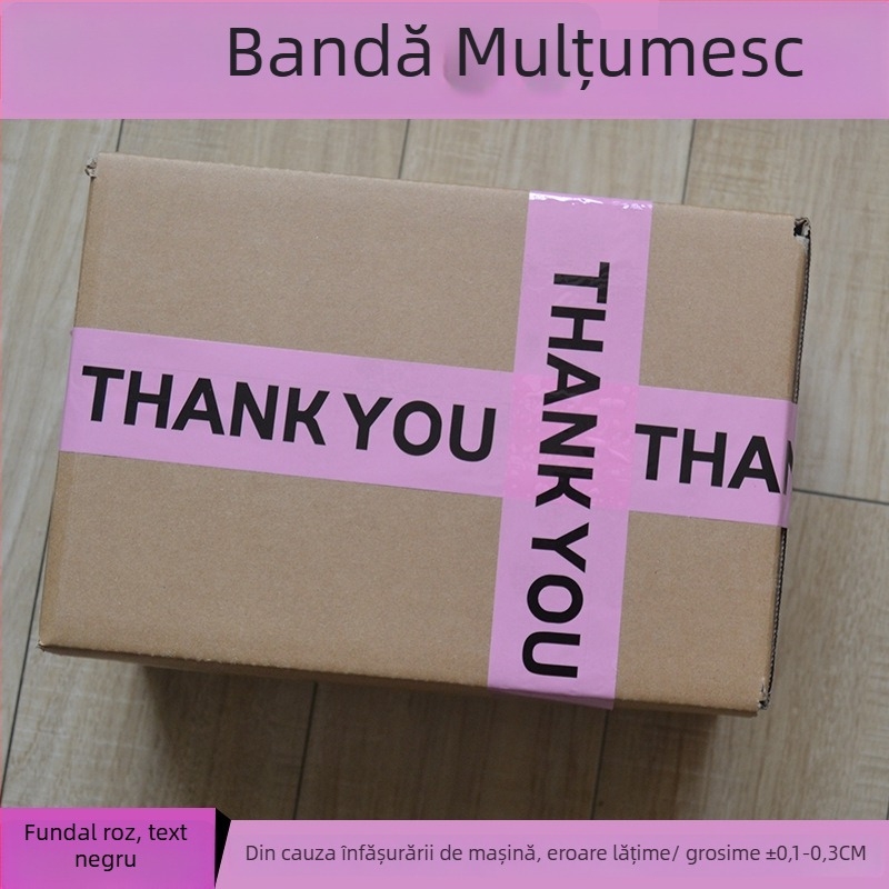 Bandă de închidere imprimată THANKYOU cu design cu desene animate, film BOPP, adeziv Hydrosol, lățime 45 mm, lungime 10–100 m, grosime film 52 μm