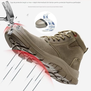 Pantofi de protecție cu vârf din oțel, căptuți cu fleece, piele velur de vițel, design mid-top, protecție împotriva lovirii și perforării