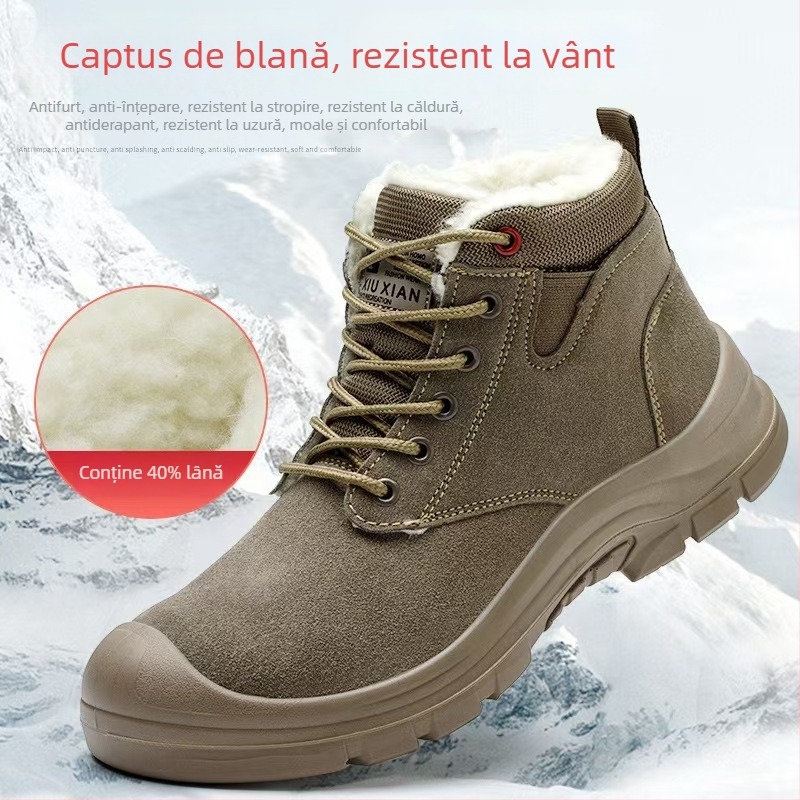 Pantofi de protecție cu vârf din oțel, căptuți cu fleece, piele velur de vițel, design mid-top, protecție împotriva lovirii și perforării
