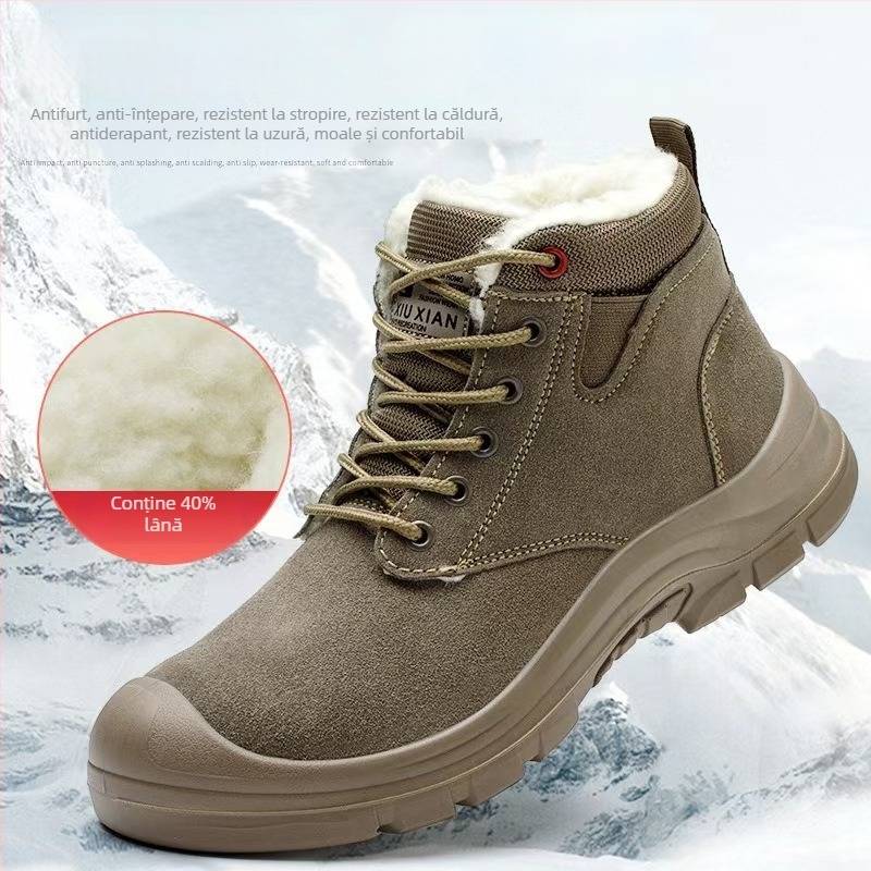 Pantofi de protecție cu vârf din oțel, căptuți cu fleece, piele velur de vițel, design mid-top, protecție împotriva lovirii și perforării