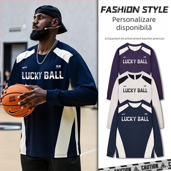 Uniformă de baschet cu mâneci lungi – respirabilă, uscare rapidă, 100% poliester, guler rotund, pentru bărbați și femei