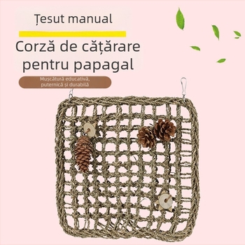 Jucărie pentru papagal cu plasă de cățărat, pandantiv de mestecat și scară – motiv tigru cu bujor pentru păsări adulte