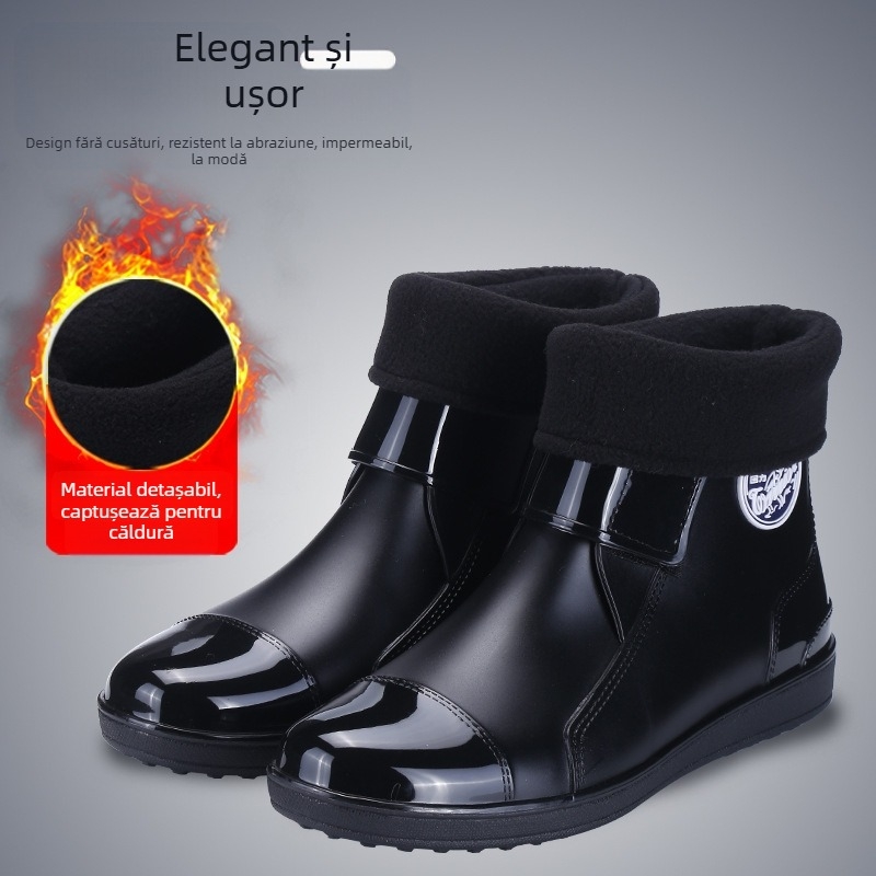 Ghete de ploaie pentru bărbați din plastic, cu închidere Velcro, talpă din plastic, căptușite cu plasă, antiderapante și încălzite.