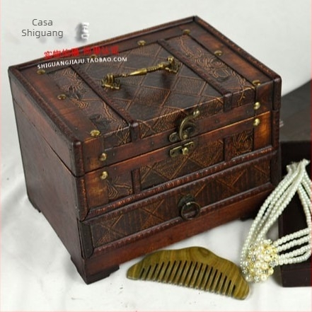 Cutie veche din lemn pentru bijuterii cu oglindă, capac și compartimente