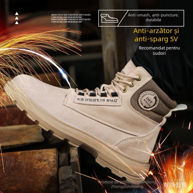 Ghete de lucru cu vârf din oțel, înalte, anti-perforație și anti-arzare, piele nubuc