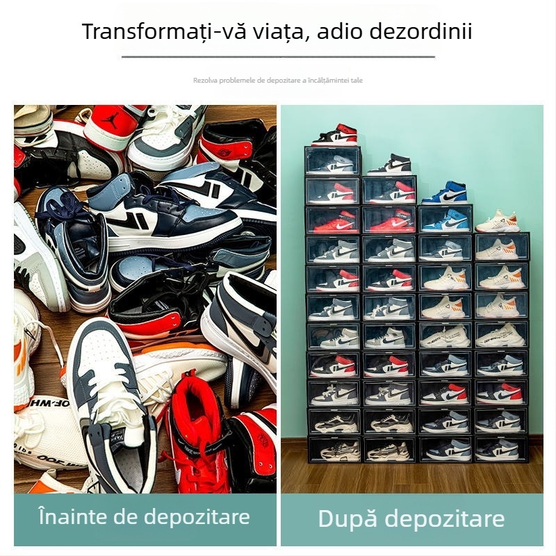 Cutie pentru pantofi cu deschidere laterală, din plastic transparent (PP), pliabilă și poate fi suprapusă, capacitate 18 L