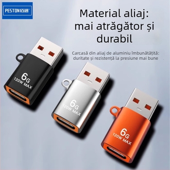 Convertor USB către Type-C OTG, carcasă metalică, 120W putere, încărcare rapidă 6G, pentru telefoane mobile și PC-uri