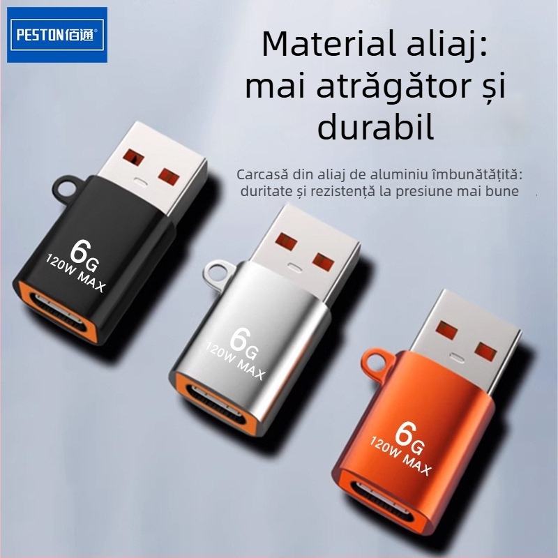 Convertor USB către Type-C OTG, carcasă metalică, 120W putere, încărcare rapidă 6G, pentru telefoane mobile și PC-uri