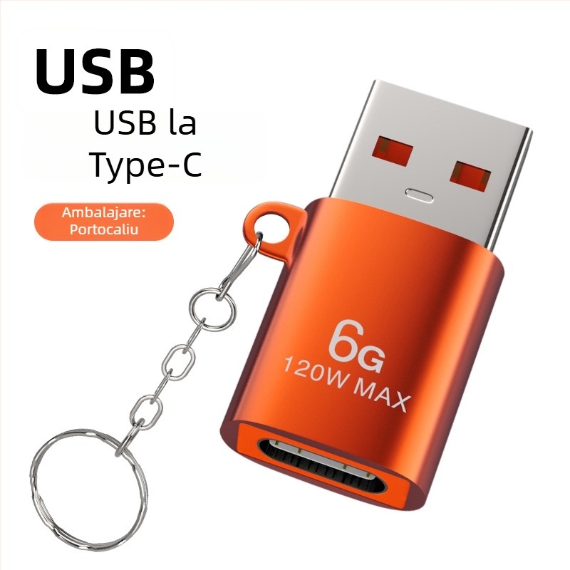 Convertor USB către Type-C OTG, carcasă metalică, 120W putere, încărcare rapidă 6G, pentru telefoane mobile și PC-uri