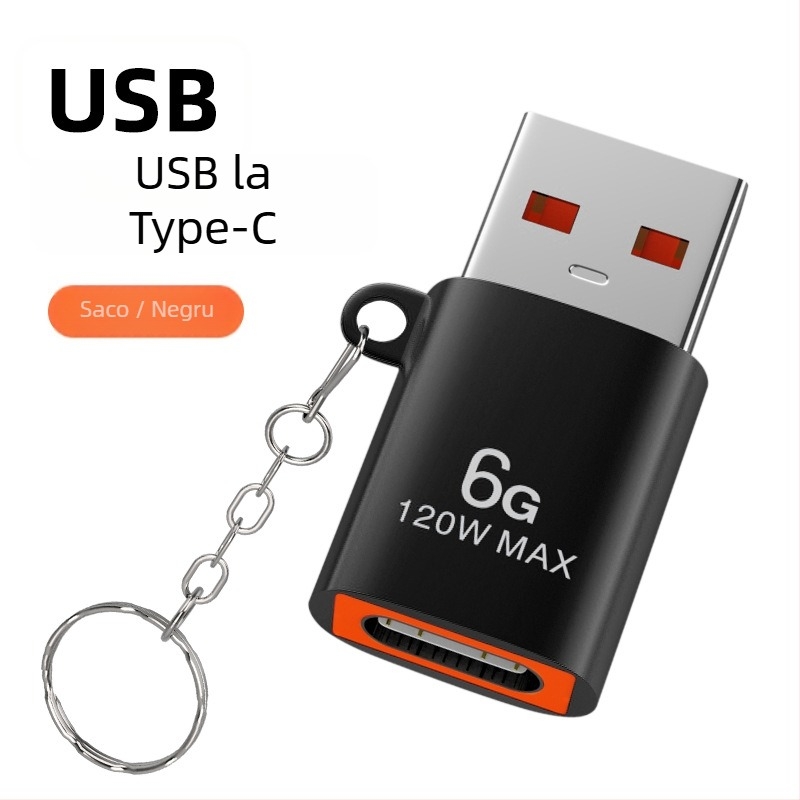Convertor USB către Type-C OTG, carcasă metalică, 120W putere, încărcare rapidă 6G, pentru telefoane mobile și PC-uri