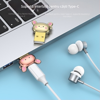 Adaptor din aliaj de zinc cu design de iepuraș desenat: Type-C către USB-A, USB-A masculin către Type-C femel; compatibil cu unele dispozitive Apple