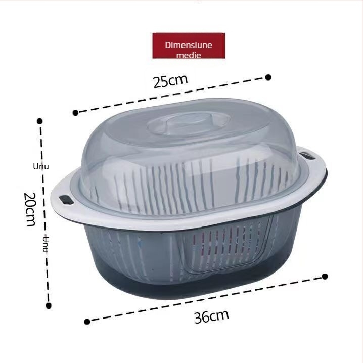 Coș de drenaj cu capac, două nivele, pentru fructe și legume — din plastic PP, pentru spălare și depozitare în bucătărie