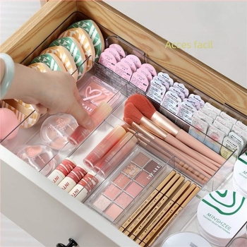 Cutie de depozitare pentru sertar pentru cosmetice, divizoare retractabile, transparent PET/PS, dreptunghiulară, poate fi suprapusă