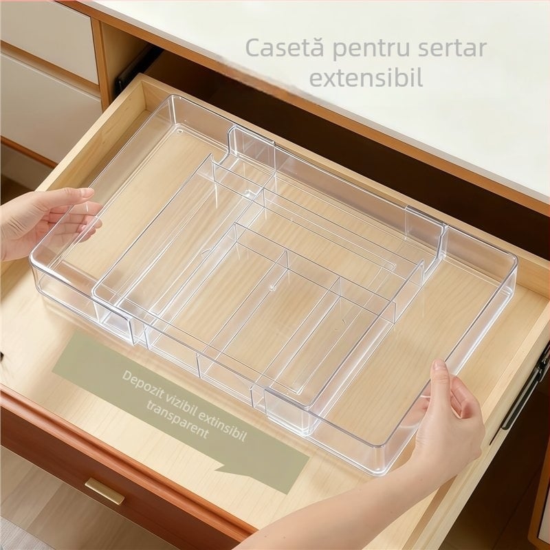 Cutie de depozitare pentru sertar pentru cosmetice, divizoare retractabile, transparent PET/PS, dreptunghiulară, poate fi suprapusă