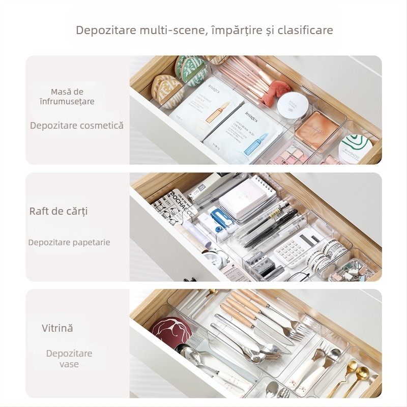 Cutie de depozitare pentru sertar pentru cosmetice, divizoare retractabile, transparent PET/PS, dreptunghiulară, poate fi suprapusă