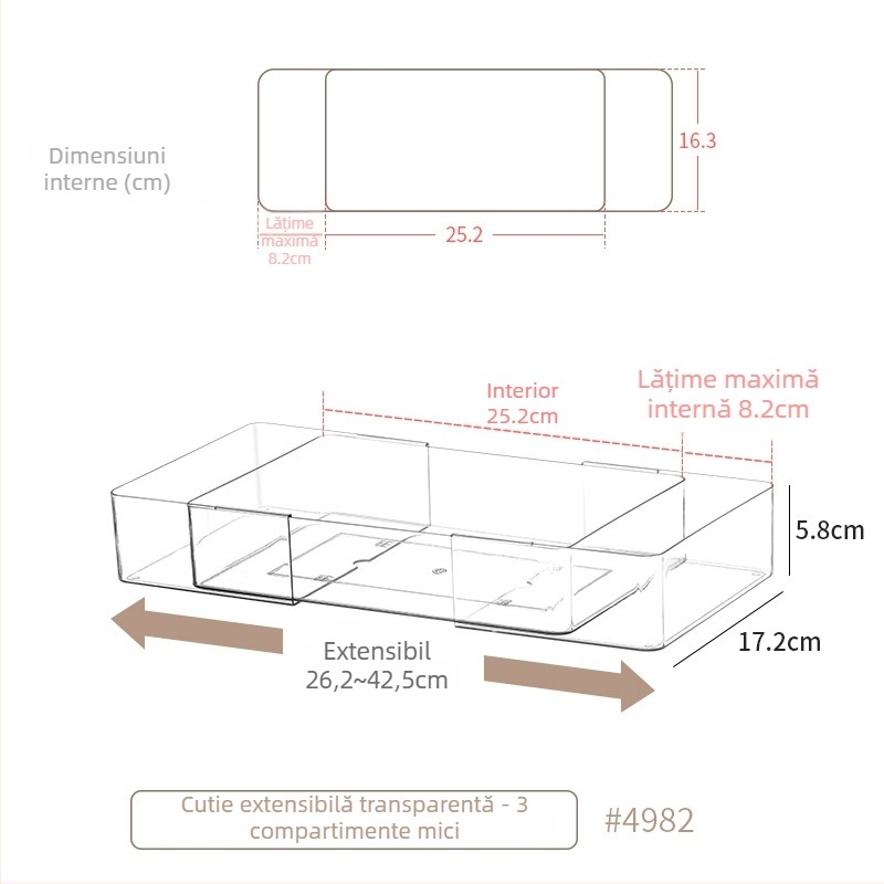 Cutie de depozitare pentru sertar pentru cosmetice, divizoare retractabile, transparent PET/PS, dreptunghiulară, poate fi suprapusă