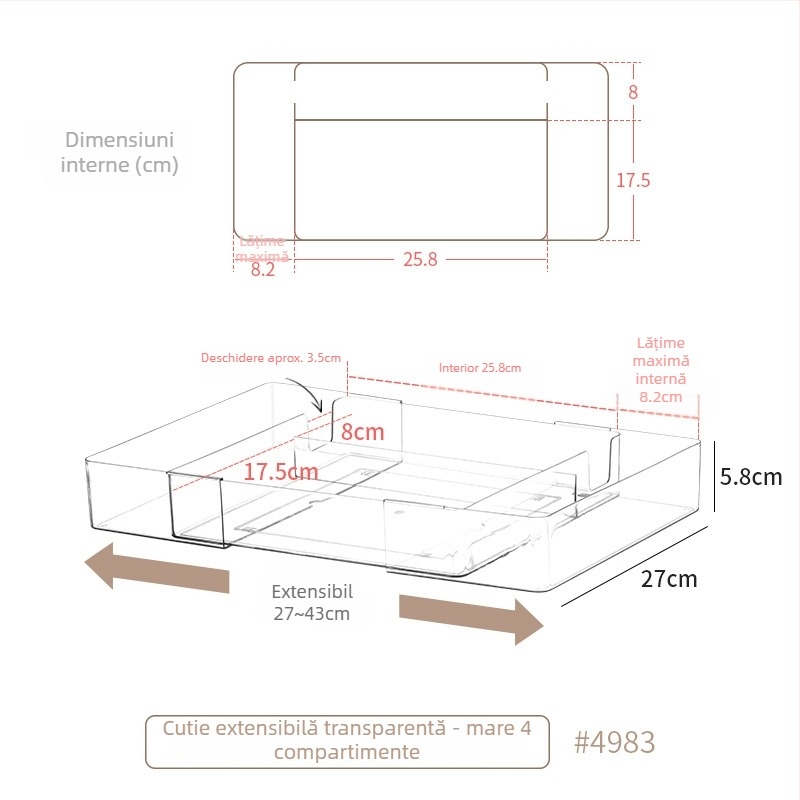 Cutie de depozitare pentru sertar pentru cosmetice, divizoare retractabile, transparent PET/PS, dreptunghiulară, poate fi suprapusă