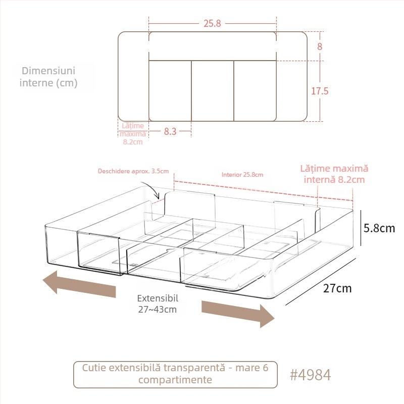 Cutie de depozitare pentru sertar pentru cosmetice, divizoare retractabile, transparent PET/PS, dreptunghiulară, poate fi suprapusă
