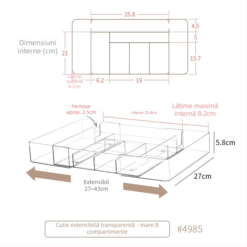 Cutie de depozitare pentru sertar pentru cosmetice, divizoare retractabile, transparent PET/PS, dreptunghiulară, poate fi suprapusă