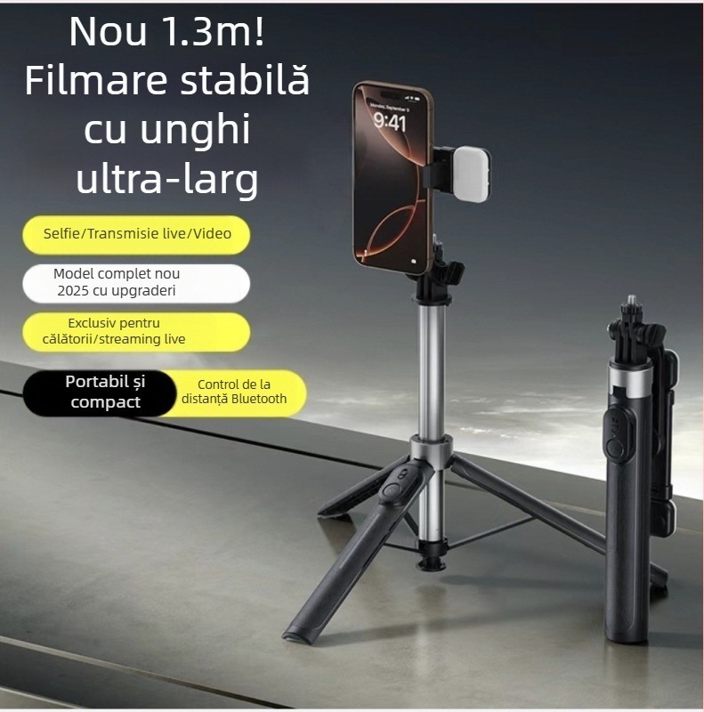 Monopod pentru telefon din oțel inoxidabil cu telecomandă, Bluetooth, stabilizare imagine, lumină încorporată, compatibilitate universală