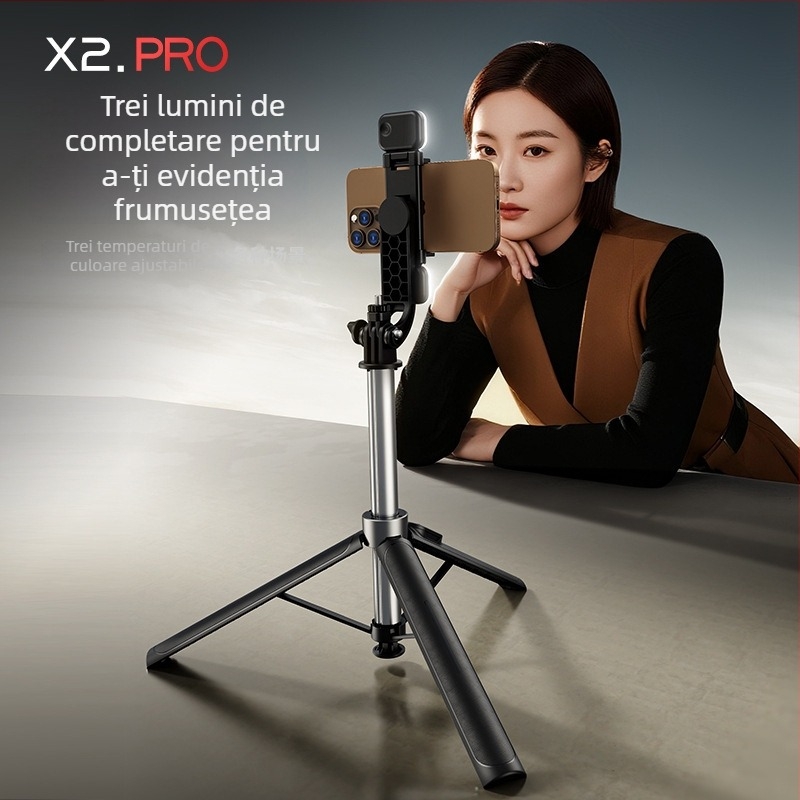 Monopod pentru telefon din oțel inoxidabil cu telecomandă, Bluetooth, stabilizare imagine, lumină încorporată, compatibilitate universală