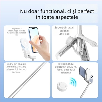 Mini selfie stick magnetic cu Bluetooth, suport telefon telescopic, mâner MagSafe compatibil, stabilizare anti-șoc, ABS + aliaj de aluminiu