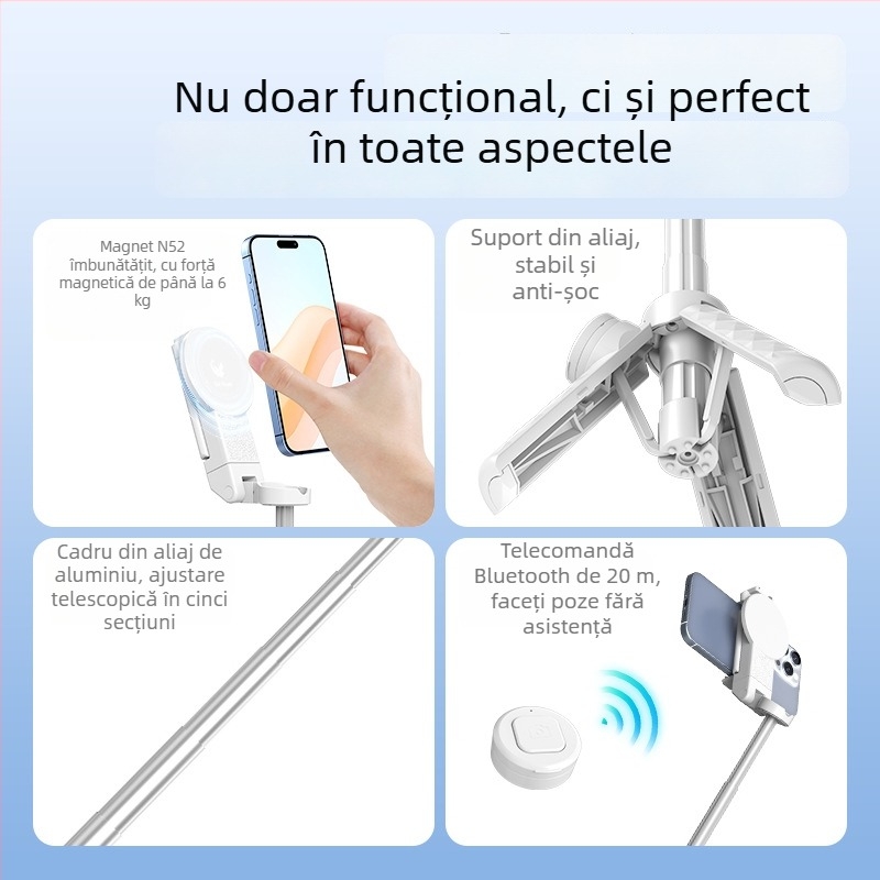 Mini selfie stick magnetic cu Bluetooth, suport telefon telescopic, mâner MagSafe compatibil, stabilizare anti-șoc, ABS + aliaj de aluminiu