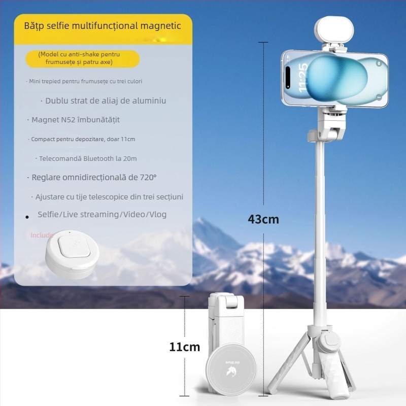 Mini selfie stick magnetic cu Bluetooth, suport telefon telescopic, mâner MagSafe compatibil, stabilizare anti-șoc, ABS + aliaj de aluminiu
