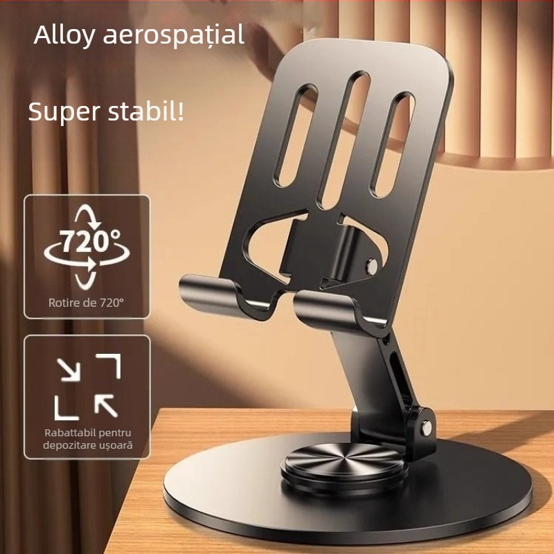 Suport rotativ pentru telefon și tabletă – suport de birou din metal, stil minimalist, rotire la 360°, antișoc, compatibil universal