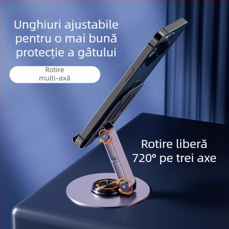 Suport rotativ pentru telefon și tabletă – suport de birou din metal, stil minimalist, rotire la 360°, antișoc, compatibil universal