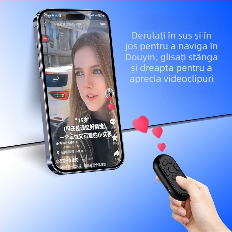 Telecomandă Bluetooth pentru selfie, cu funcții multiple pentru înregistrare video, captură foto și derularea paginilor — BLE 6.1, corp ABS, dimensiuni 65×37×15 mm, greutate 19 g, model DYYKQ