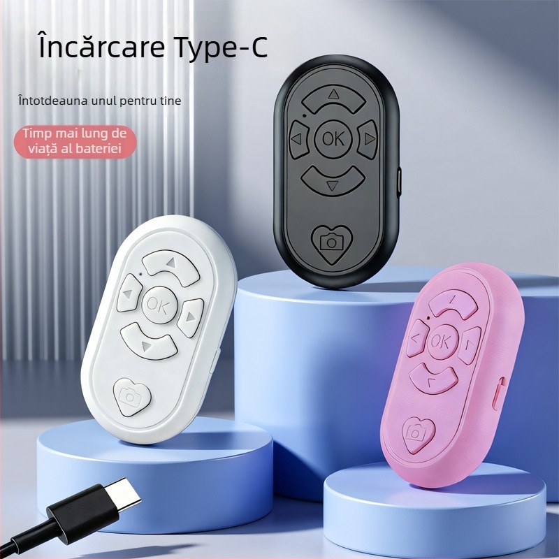 Telecomandă Bluetooth pentru selfie, cu funcții multiple pentru înregistrare video, captură foto și derularea paginilor — BLE 6.1, corp ABS, dimensiuni 65×37×15 mm, greutate 19 g, model DYYKQ