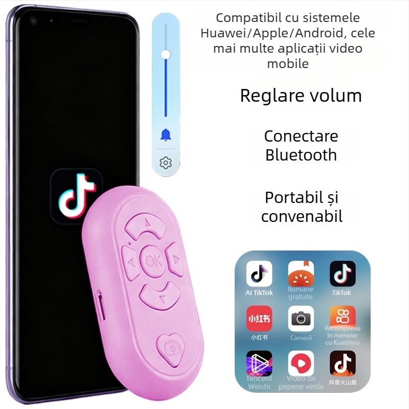 Telecomandă Bluetooth pentru selfie, cu funcții multiple pentru înregistrare video, captură foto și derularea paginilor — BLE 6.1, corp ABS, dimensiuni 65×37×15 mm, greutate 19 g, model DYYKQ