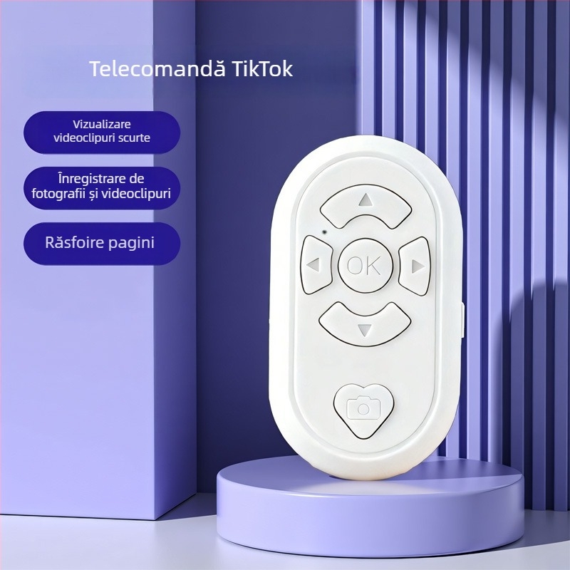 Telecomandă Bluetooth pentru selfie, cu funcții multiple pentru înregistrare video, captură foto și derularea paginilor — BLE 6.1, corp ABS, dimensiuni 65×37×15 mm, greutate 19 g, model DYYKQ