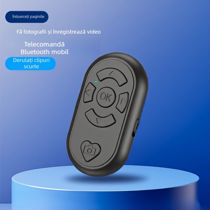 Telecomandă Bluetooth pentru selfie, cu funcții multiple pentru înregistrare video, captură foto și derularea paginilor — BLE 6.1, corp ABS, dimensiuni 65×37×15 mm, greutate 19 g, model DYYKQ